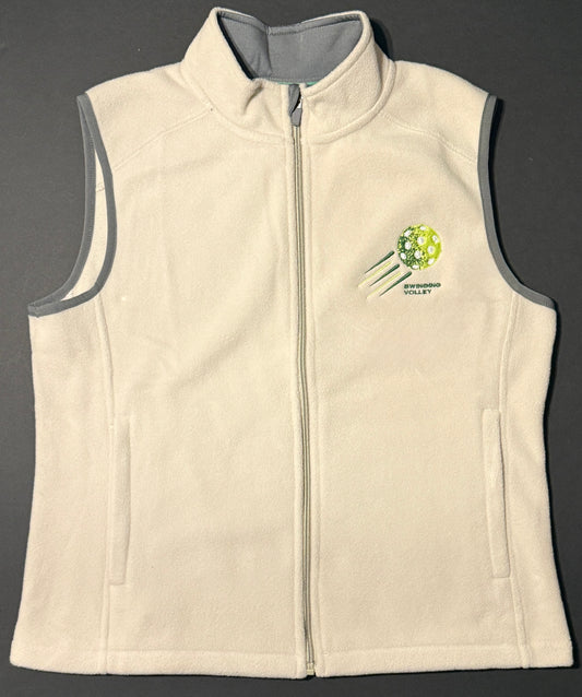 Women’s Fleece Vest White [Pickleball Logo] Swinging Volley