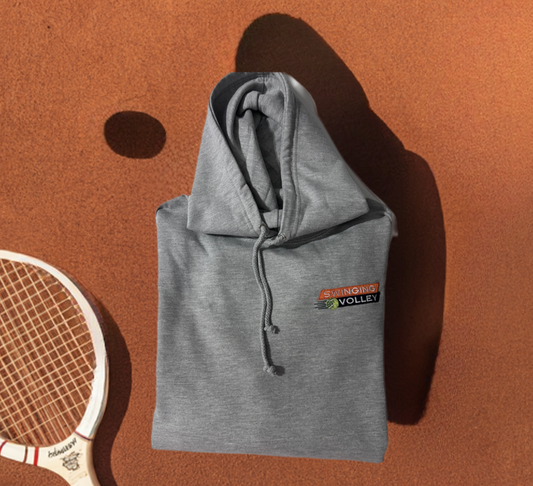 College Hoodie Heather Gray Unisex [Tennis Stacked Logo] Swinging Volley